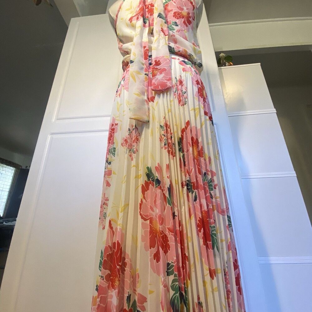 Pleated Chiffon Dress Asian Floral Fairycore, Feminine, Flowing, Midi, S